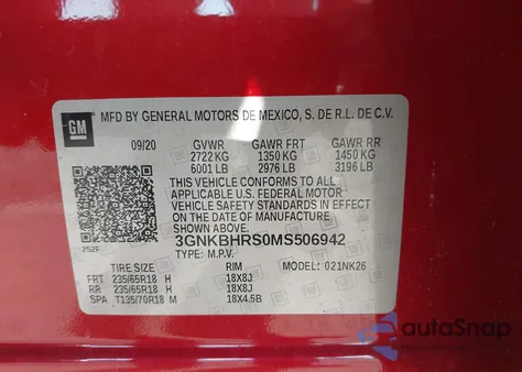 2021 Chevrolet Blazer 2Lt из США, поврежденный, VIN 3GNKBHRS0MS506942